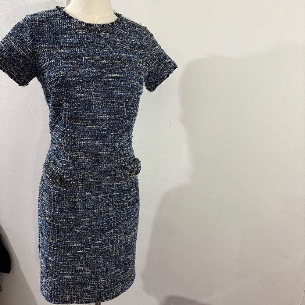 LOFT Boucle Tweed Navy Blue White Pocket Short Sleeve Dress Sz 0P Preppy Career